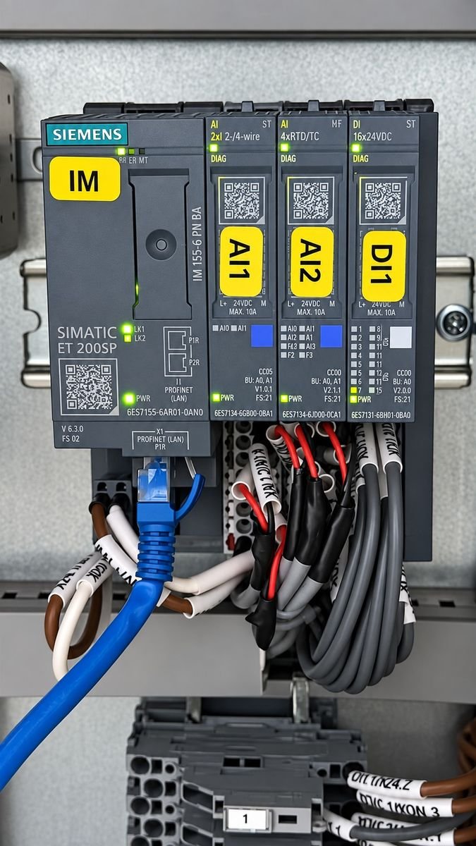 Siemens ET200 remote I/O module wired in a PLC panel