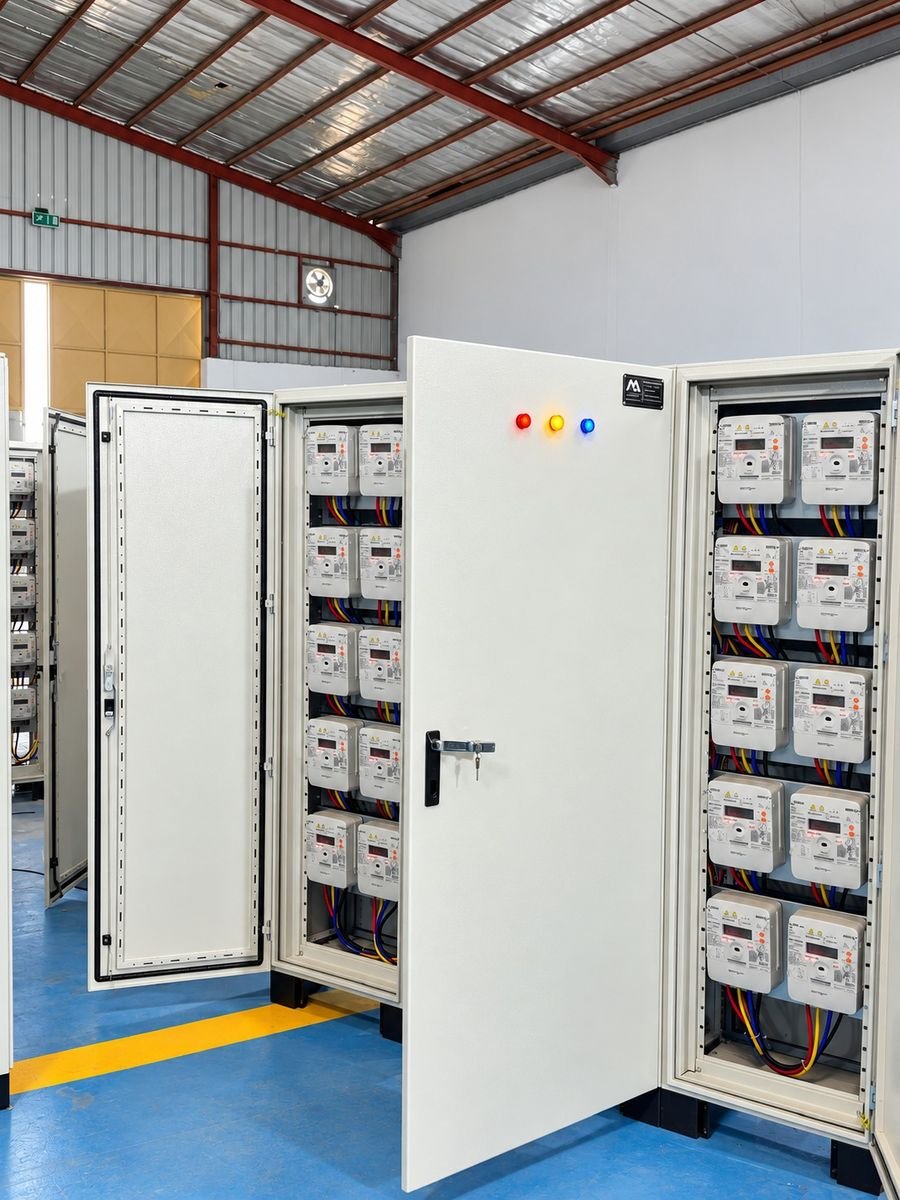 Energy-metering distribution board with the door open