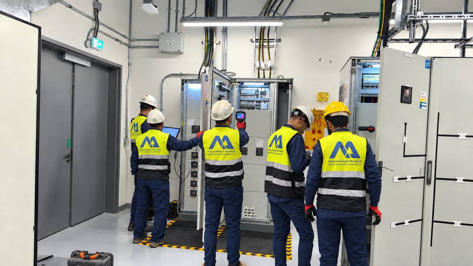 Malek Al-Riyadeh engineers working on an electrical panel on site