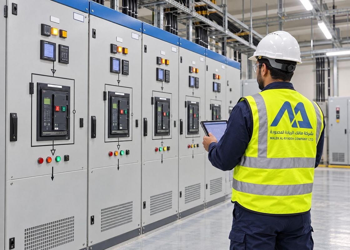 Engineer reviewing a switchgear line-up