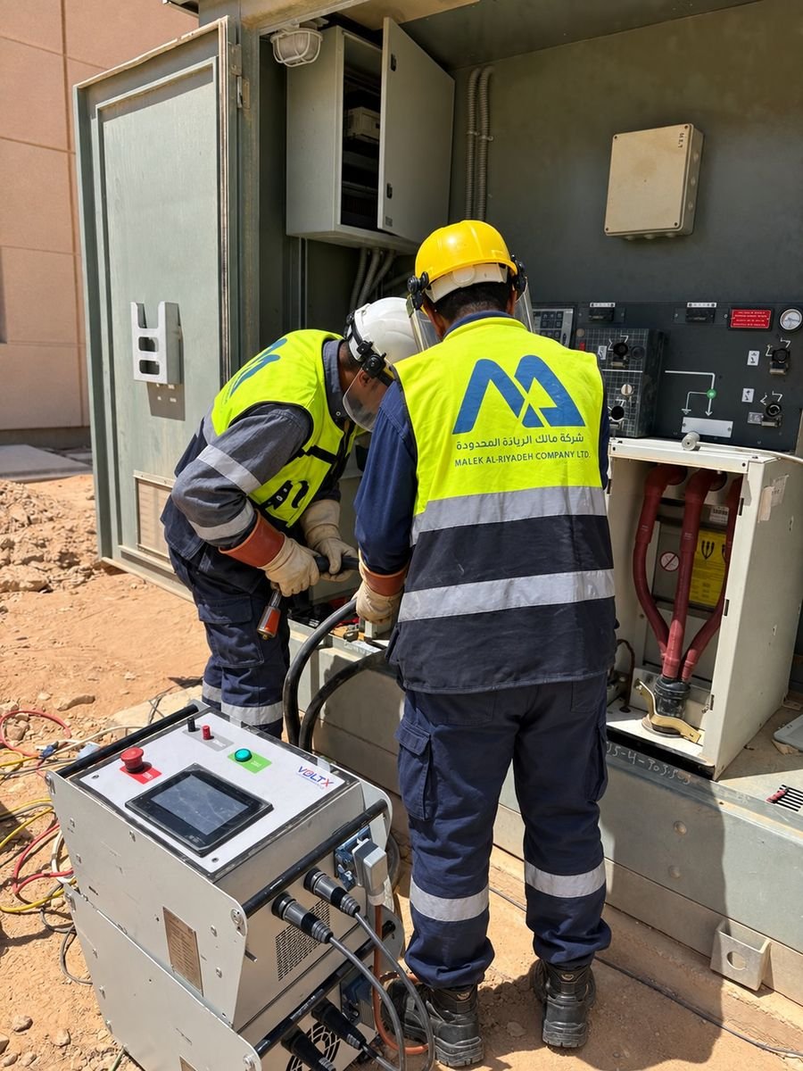 Malek Al-Riyadeh engineers testing an RMU with calibrated test sets